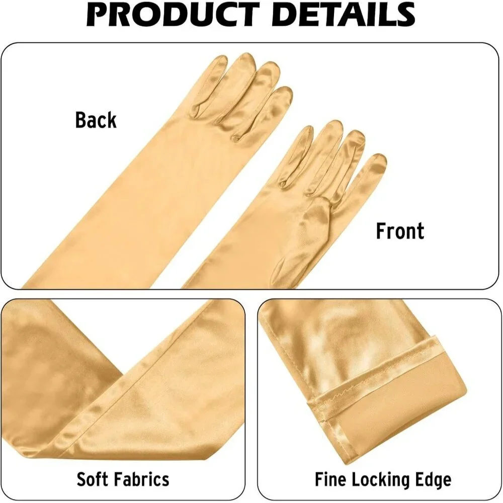 Women's Gold Long Satin Opera Fabric Gloves Party Tea Stretchy Elbow Length